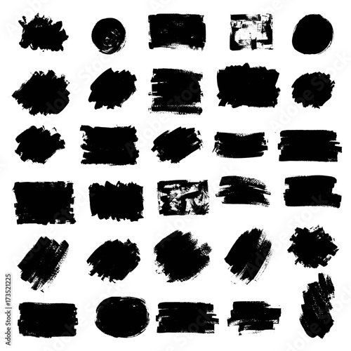 Set of black paint, ink brush strokes, brushes, lines, circle.