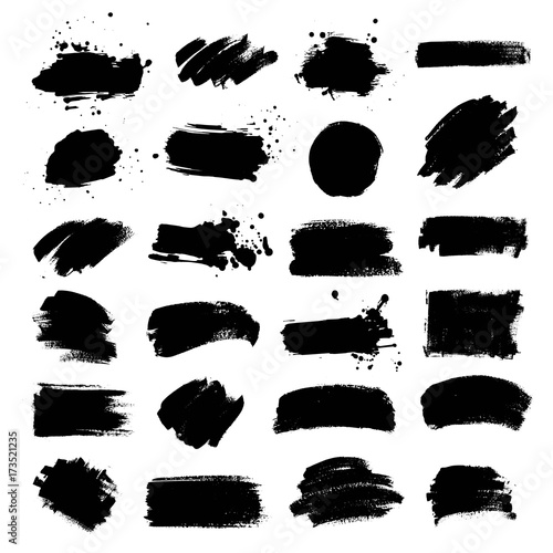 Set of black paint, ink brush strokes, brushes, lines, circle.