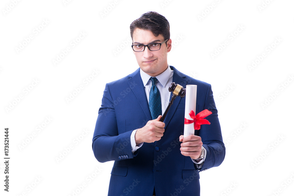Lawyer law student with a gavel isolated on white background Lawyer law student with a gavel isolated on white background