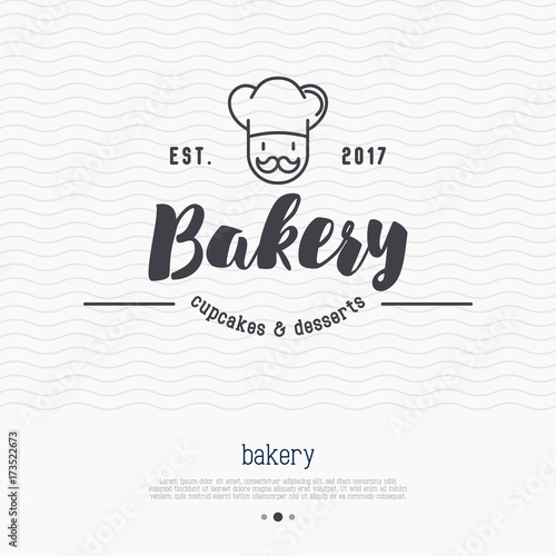 Bakery logo with thin line icon of chef with hat and mustache. Modern vector illustration.