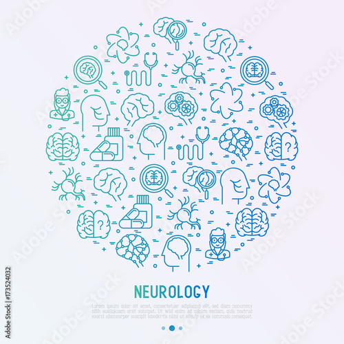 Neurology concept in circle with thin line icons: brain, neuron, neural connections, neurologist, magnifier. Vector illustration for medical survey or report.