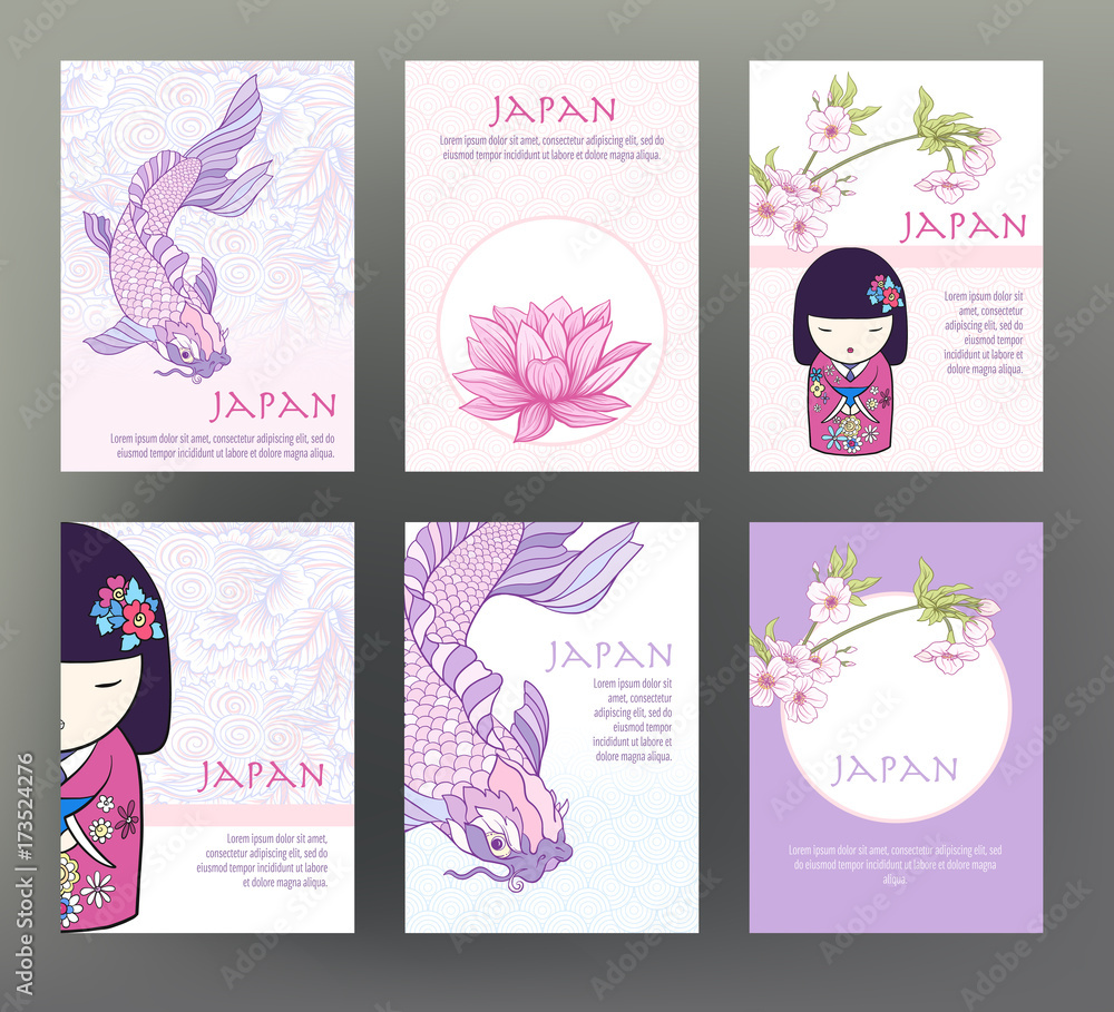 Fototapeta premium Set of 6 cards or banners with Japanese tradition symbols, flowe
