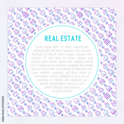 Real estate concept with thin line houses and trees. Modern vector illustration for background of banner, web page, print media with place for text.