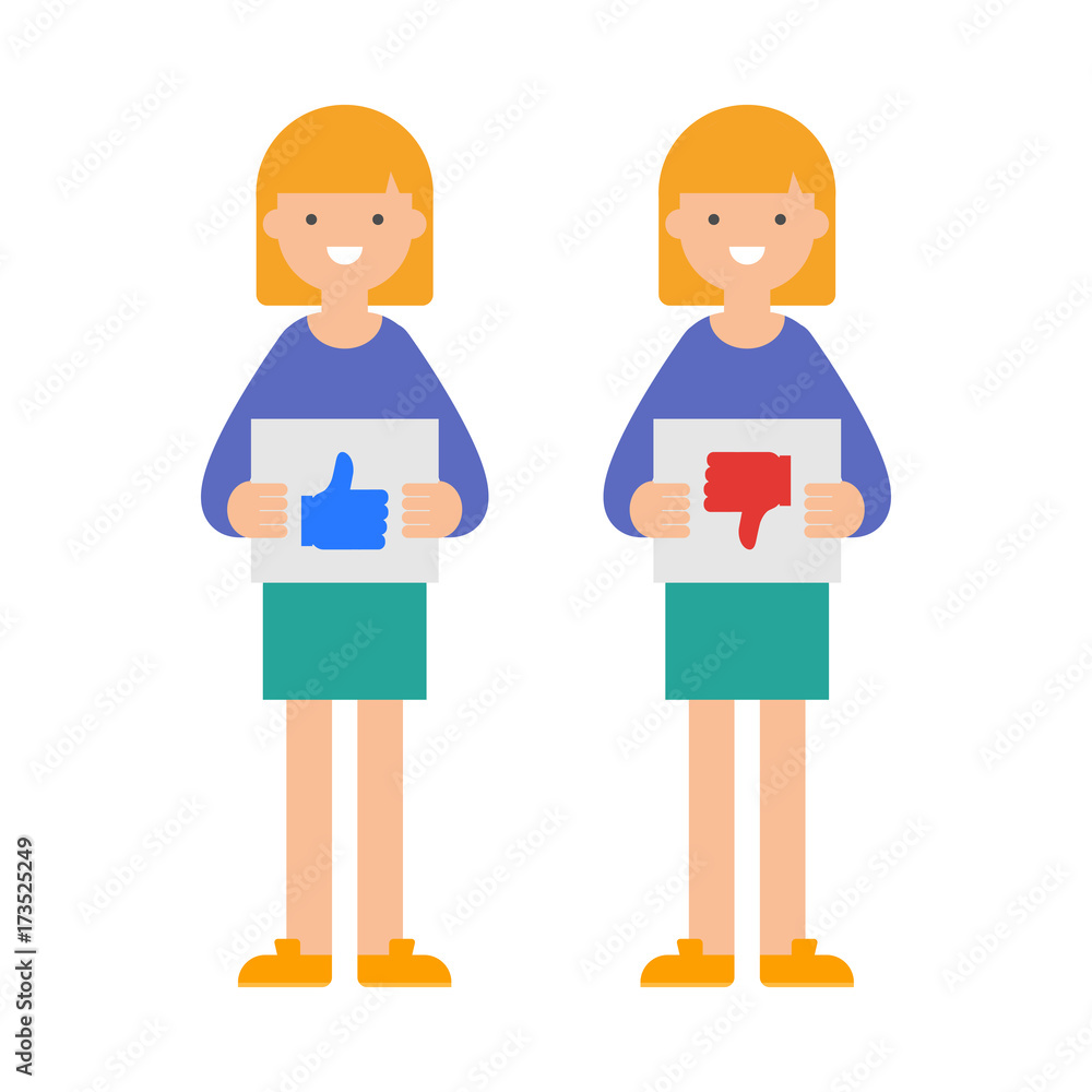Vector illustration of women with thumb up and thumb down signs, user reviews