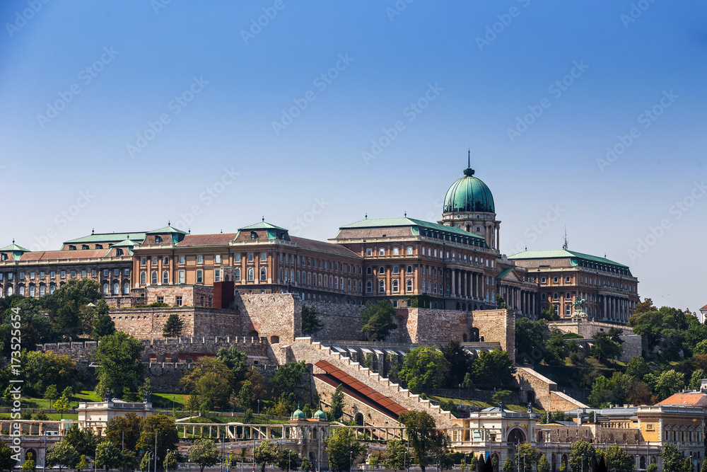 Budapest, Hungary - The beautiful Buda Castle Royal Palace and Varkert bazar on a bright summer day with clear blue sky