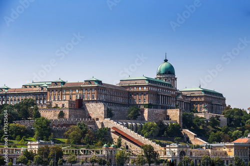 Budapest, Hungary - The beautiful Buda Castle Royal Palace and Varkert bazar on a bright summer day with clear blue sky