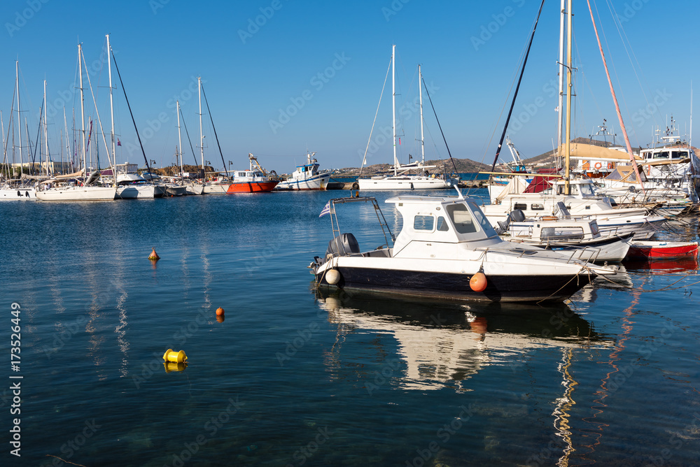 Boats parking in marina of Naxos town (Chora). Cyclades Islands, Greece.