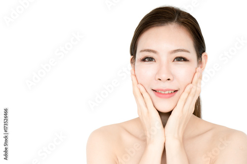 Asian beauty women present skin for skin care product on white background