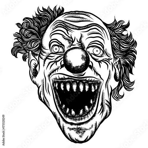 Scary clown head concept of circus horror film character. Laughing angry insane joker head, front face of horror and crazy maniac. Evil smiling character. Blackwork adult flesh tattoo concept. Vector.