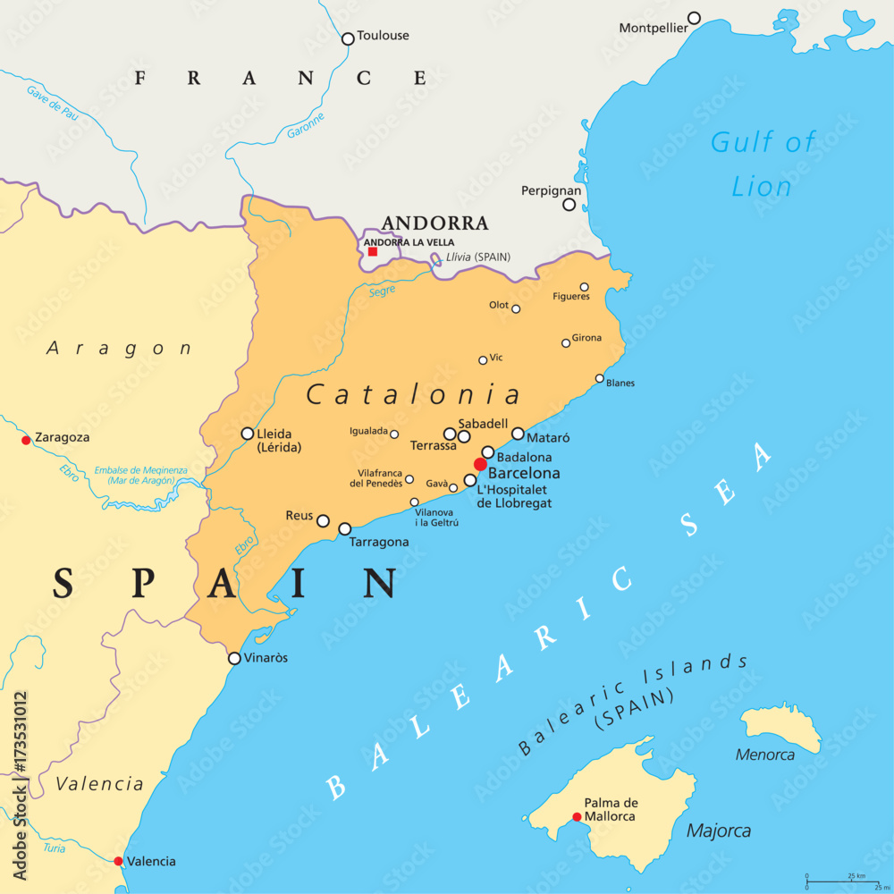 Catalonia political map with capital Barcelona, borders and important cities. Autonomous community of Spain on the northeastern extremity of Iberian Peninsula. English labeling. Illustration. Vector.