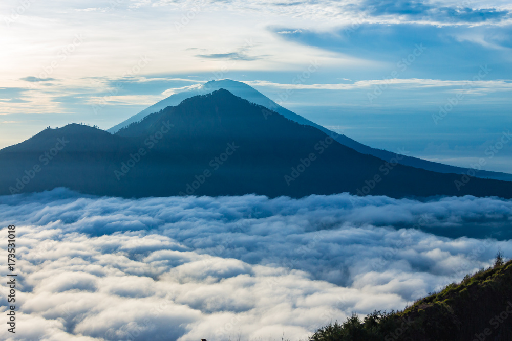 Volcano Gunung Agung at dawn. View of from Mount Batur in Bali.