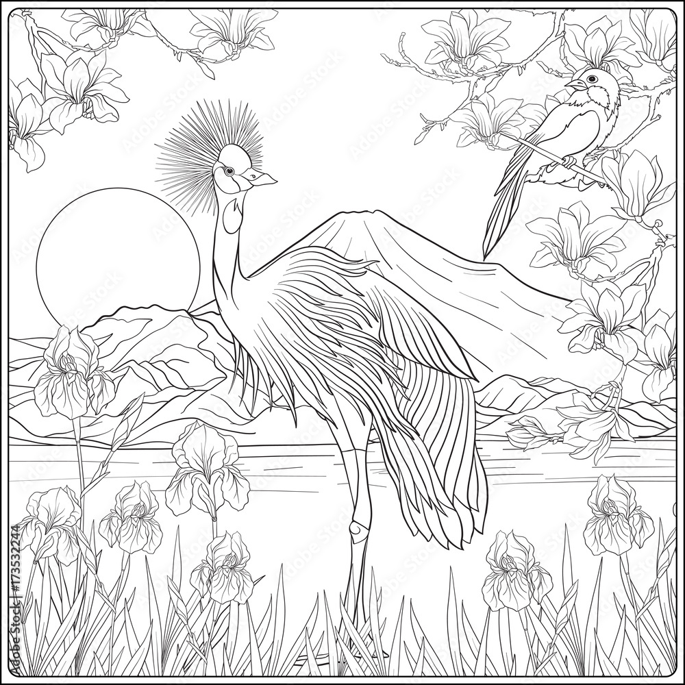 Fototapeta premium Japanese Landscape with Mount Fuji and tradition flowers and a b