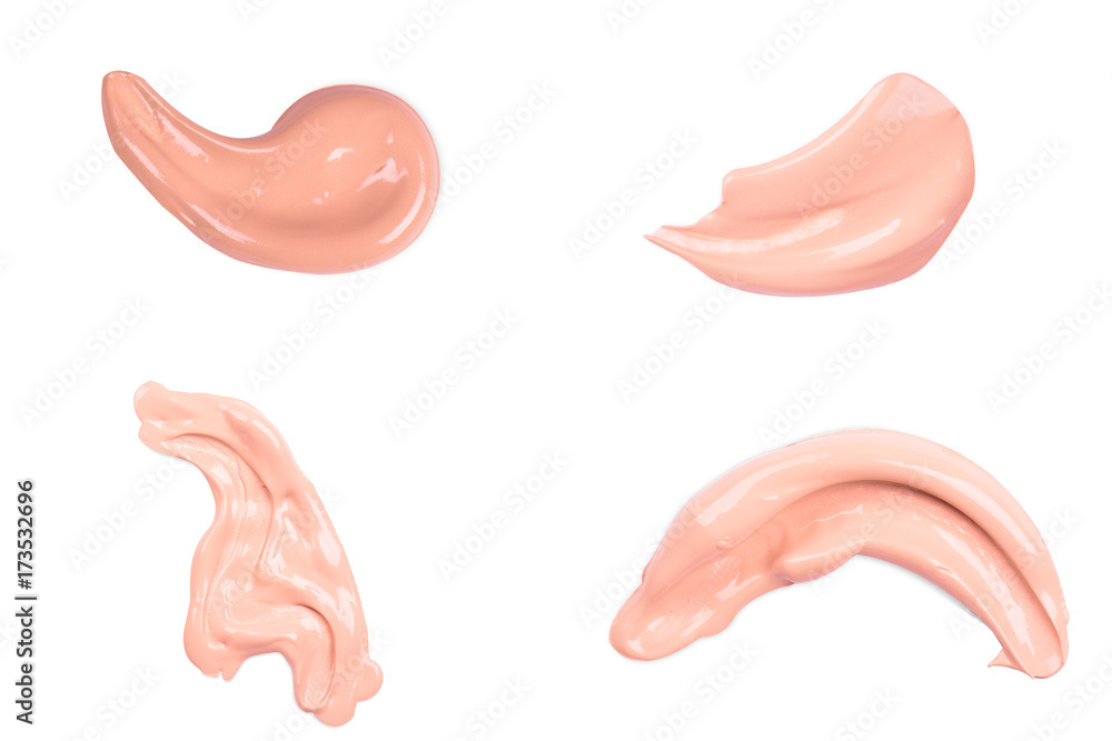 Liquid makeup foundations smear drop set on white background.