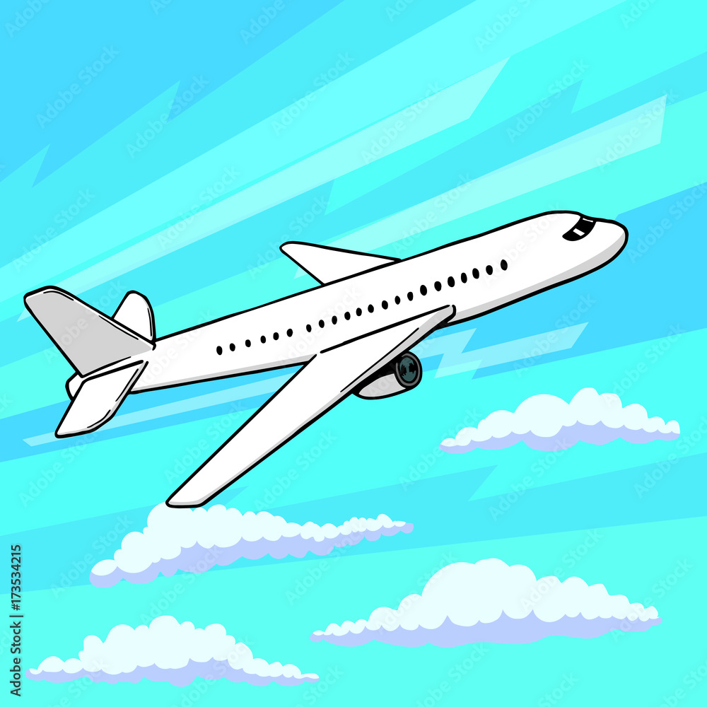 Plane takes off pop art style. Floating in clouds airplane vector illustration in comic style. EPS 10.