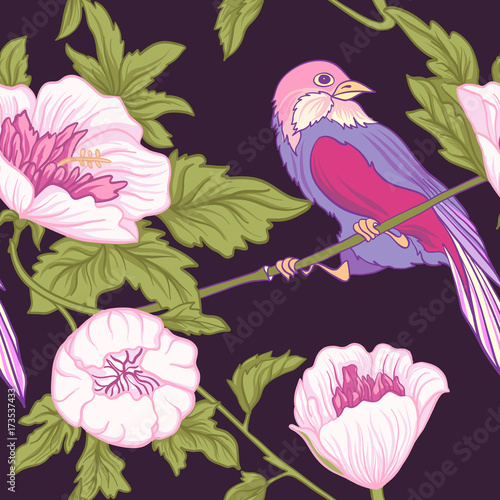 Flowers and bird. Seamless pattern, background. Colorful in pink