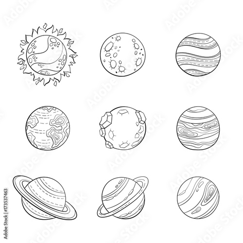 Vector cartoon planets, education space illustration for adult antistress coloring page.