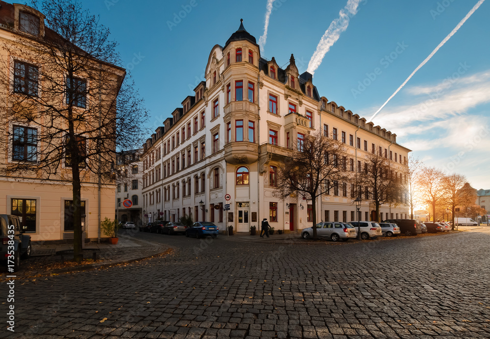 Autumn street architecture in old town of Dresden