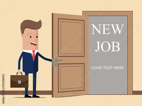 New job for businessman. New job concept. Man opens door looking for work. Successful businessman in suit with briefcase. Beginning of business career. Vector illustration