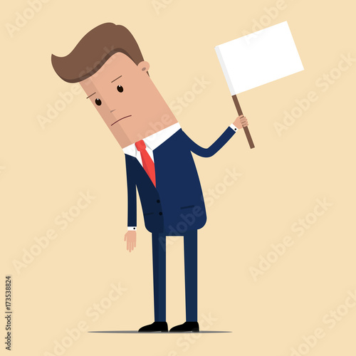 Businessman holds white flag. Vector  illustration