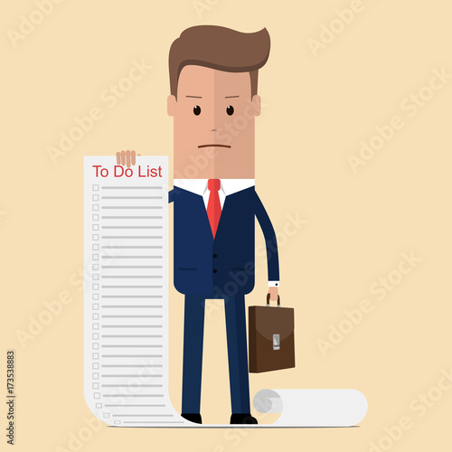 Businessman confused with long paper note with to do list, business concept in a lot of things to do. Vector illustration