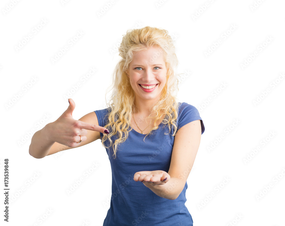 Woman pointing at invisible objet that she is holding Woman pointing at invisible objet that she is holding