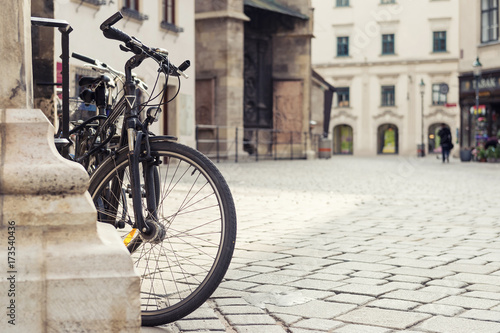 Photography close up photo of bicycle in old european town. Vienna, Austria