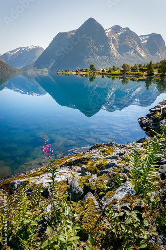 Norway fjord mointains with reflection in summer