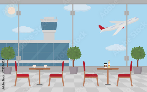 Background of hall at airport with empty coffee tables. Flat style, vector illustration.
