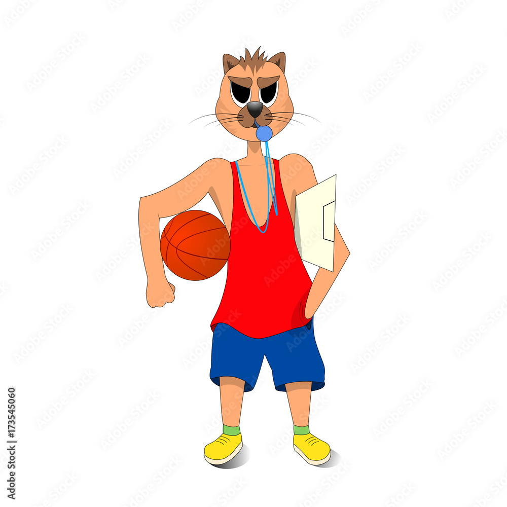 Obraz premium cat holding a basketball in his hand. a basketball coach. cartoon character.