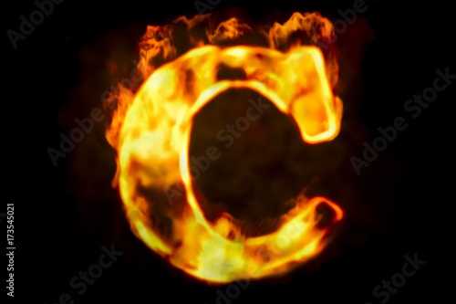 Fire letter C of burning flame light, 3D rendering