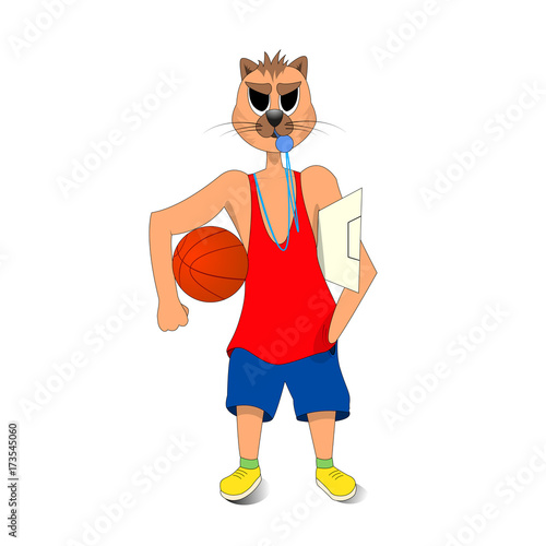 cat holding a basketball in his hand. a basketball coach. cartoon character.