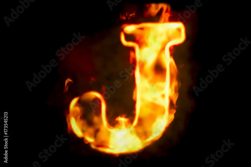 Fire letter J of burning flame light, 3D rendering