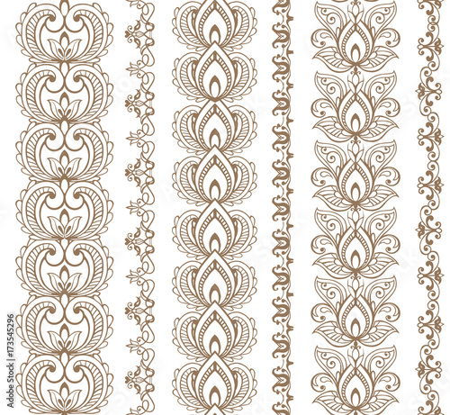 Set of seamless borders. Traditional indian style, ornamental floral elements with henna tattoo, golden stickers, flash temporary tattoo, mehndi