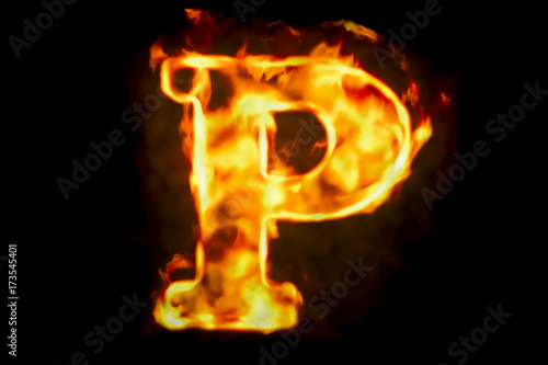 Fire letter P of burning flame light, 3D rendering