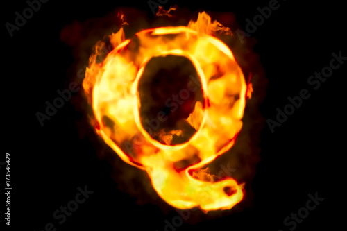 Fire letter Q of burning flame light, 3D rendering