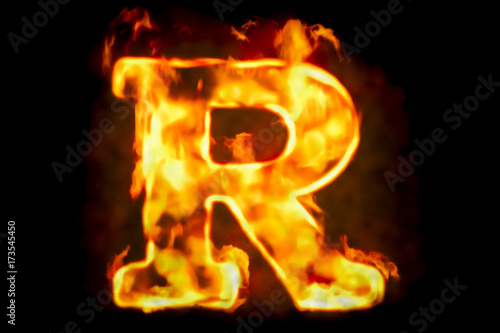 Fire letter R of burning flame light, 3D rendering