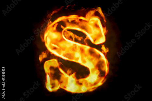 Fire letter S of burning flame light, 3D rendering