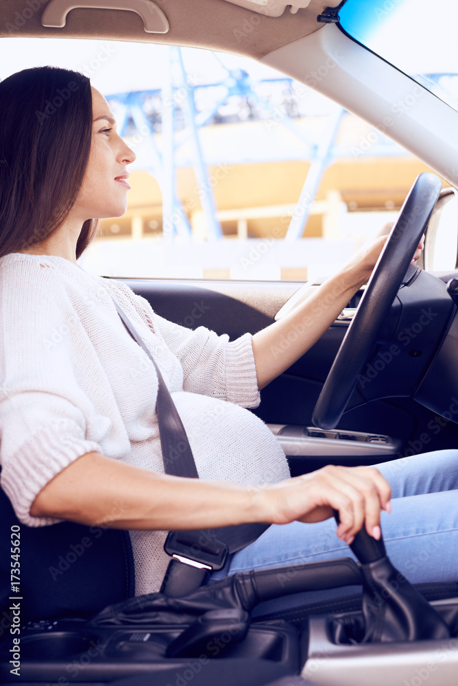 Attentive pregnant woman driving car in daytime Attentive pregnant woman driving car in daytime