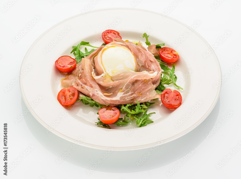 Buffalo mozzarella and prosciutto salad. Isolated. Buffalo mozzarella and prosciutto salad. Isolated.