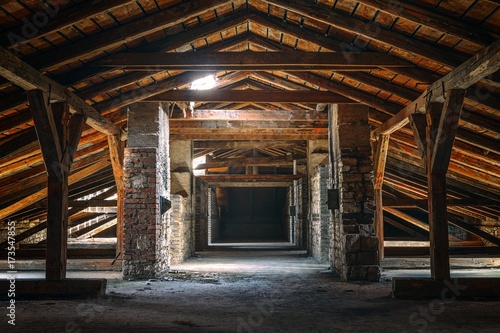 Creepy attic interior at abandoned building