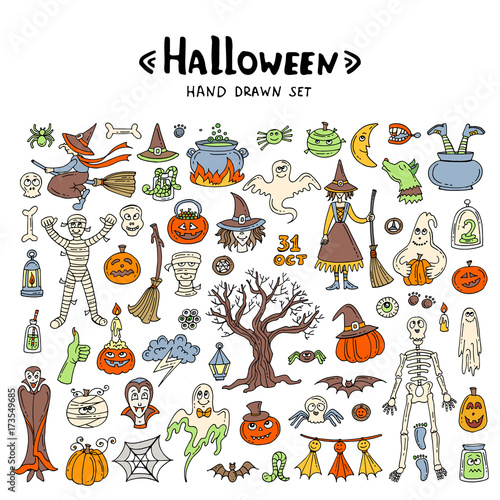 Vector set with hand drawn, colored, isolated doodles on the theme of Halloween on white background