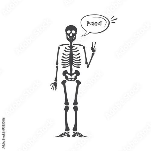 Skeleton human anatomy. Vector halloween black skeleton isolated on white. Skeleton hand sign: ok, finger up, finger down, fist, middle finger, Rock n roll horns, clapping palms and other emoji.