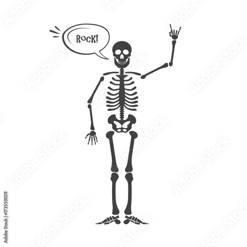 Skeleton human anatomy. Vector halloween black skeleton isolated on white. Skeleton hand sign: ok, finger up, finger down, fist, middle finger, Rock n roll horns, clapping palms and other emoji.