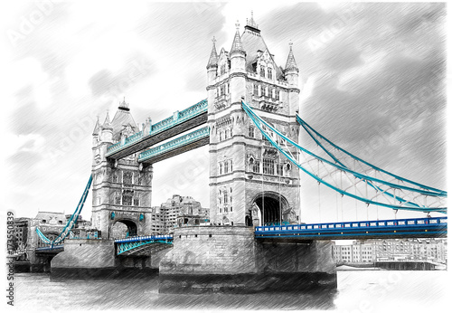 Tower Bridge on River Thames in London, England.  Illustration in draw, sketch style.