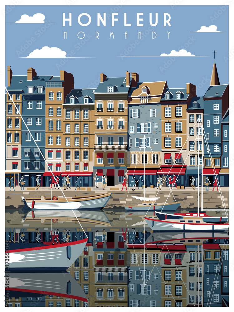 A Sunny day in the port of Honfleur, Normandy, France. Handmade drawing vector illustration. Vintage style. All buildings - customizable different objects. - obrazy, fototapety, plakaty 