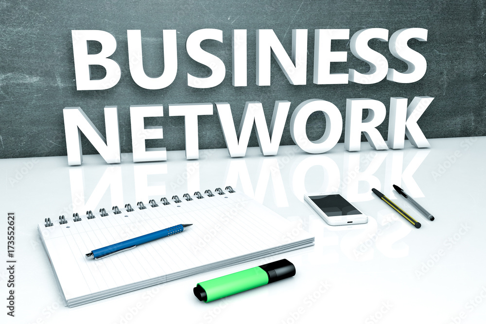Business Network - text concept with chalkboard, notebook, pens and mobile phone. 3D render illustration. Business Network - text concept with chalkboard, notebook, pens and mobile phone. 3D render illustration.