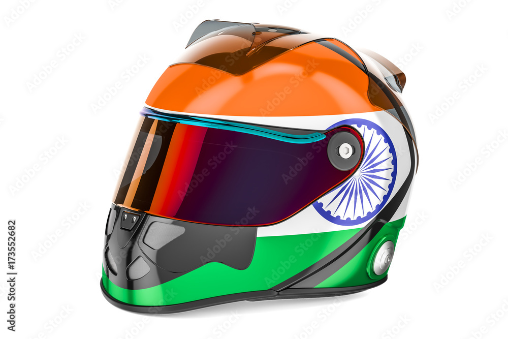 Racing helmet with flag of India, 3D rendering Racing helmet with flag of India, 3D rendering
