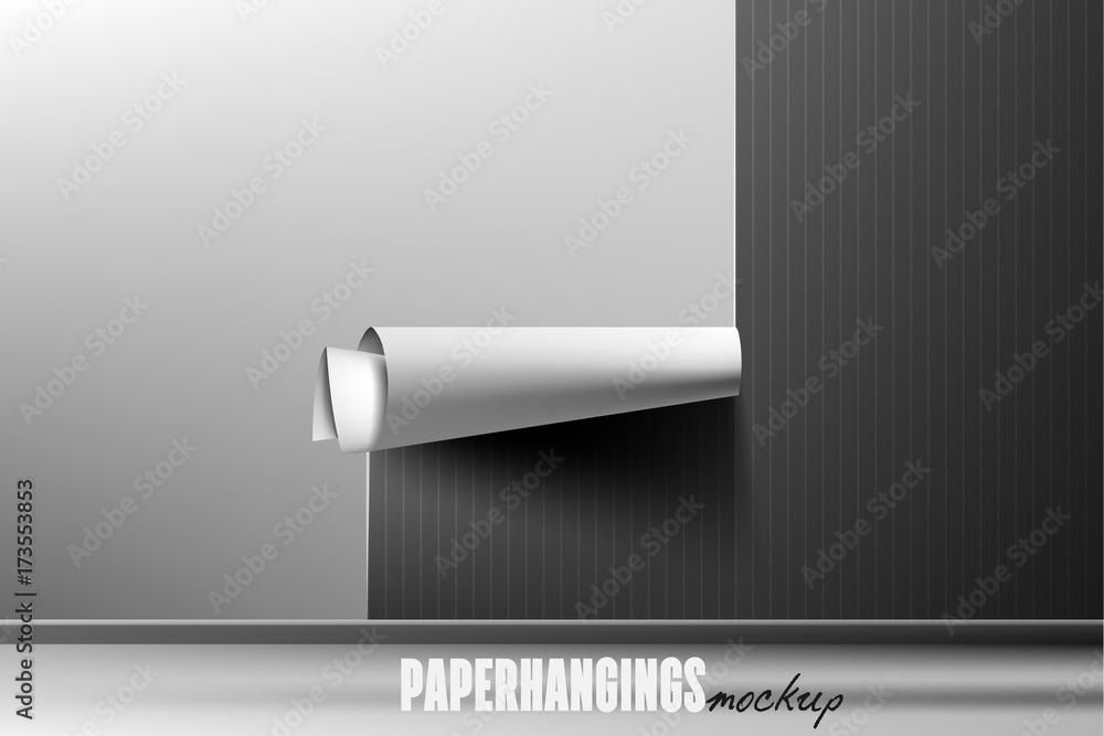 Empty, clear wallpaper hang on white wall, paperhanging design mockup. Scrolled wallpaper