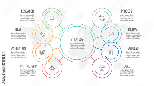 Outline infographic. Organization chart with 8 options. Vector template.