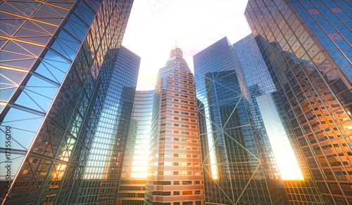 Conceptual 3D cityscape with sun reflection in the windows of buildings.